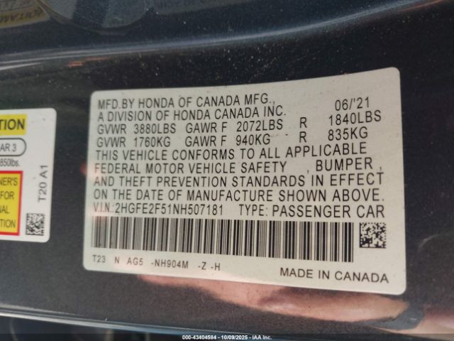 2022 HONDA CIVIC 2HGFE2F51NH507181 Photo 8