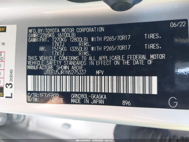 JTEEU5JR1N5275337 Toyota 4RUNNER SR5