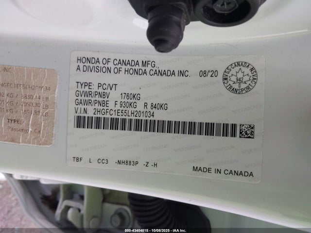 Honda l15b7 2020 2HGFC1E55LH201034 Image 9