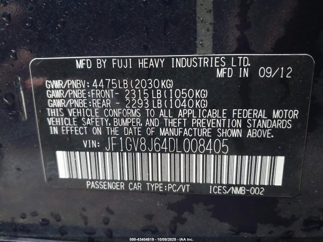 43404819 :رقم المزاد ، JF1GV8J64DL008405 vin ، 2013 Subaru Impreza Wrx Sti مزاد بيع