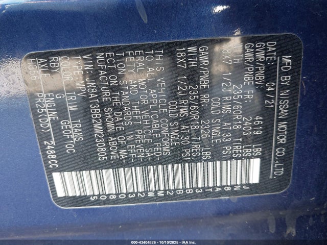43404826 :رقم المزاد ، JN8AT3BB2MW230805 vin ، 2021 Nissan Rogue Sv Intelligent Awd مزاد بيع