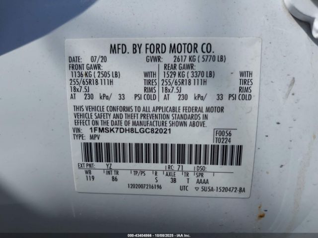 2020 FORD EXPLORER 1FMSK7DH8LGC82021 Photo 8