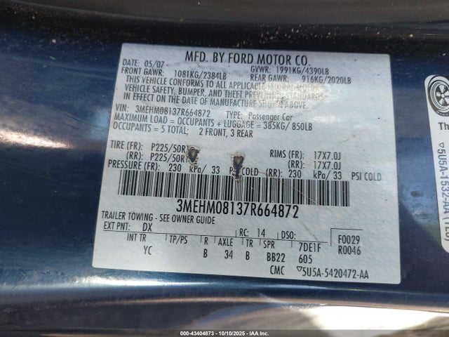 43404873 :رقم المزاد ، 3MEHM08137R664872 vin ، 2007 Mercury Milan V6 Premier مزاد بيع