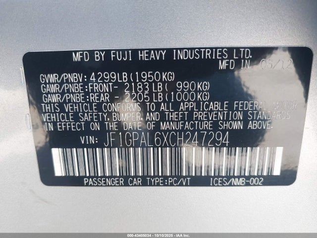 2012 Subaru Impreza 2.0i Sport Premium მანქანა იყიდება აუქციონზე, vin: JF1GPAL6XCH247294, აუქციონის ნომერი: 43405034