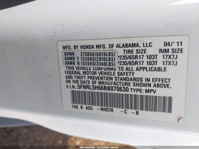 2011 HONDA ODYSSEY 5FNRL5H66BB070630 Photo 8