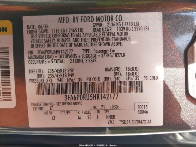 3FA6P0RU5HR142177 Ford Fusion Hybrid Titanium