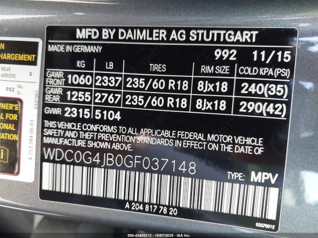 WDC0G4JB0GF037148 Mercedes-Benz m274