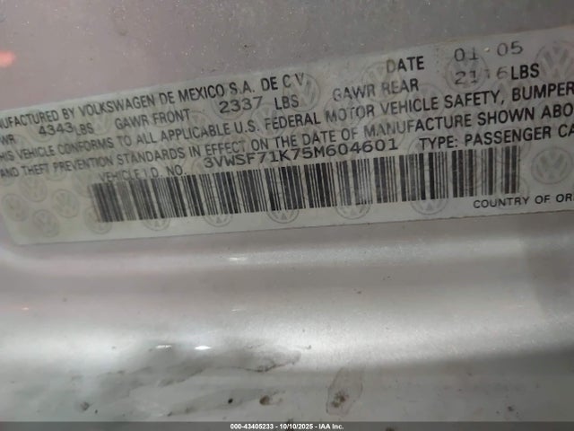Aukcja sprzedaży 2005 Volkswagen Jetta 2.5, vin: 3VWSF71K75M604601, numer aukcji: 43405233