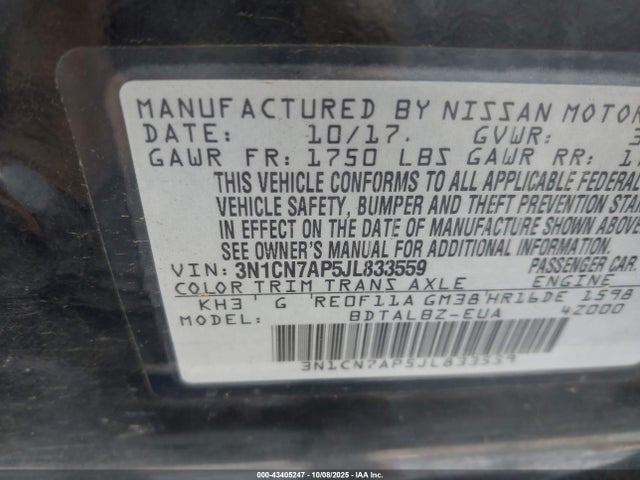 3N1CN7AP5JL833559 Nissan Versa 1.6 Sv