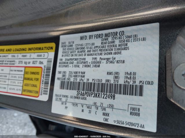 2019 FORD FUSION 3FA6P0VP3KR122498 Photo 8