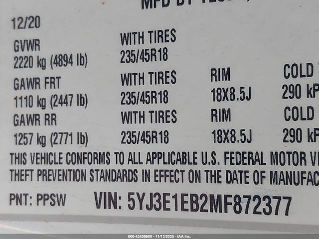 2021 TESLA MODEL 3 5YJ3E1EB2MF872377 Photo 8