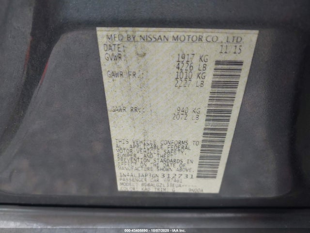 Продажа на аукционе авто 2016 Nissan Altima 2.5/2.5 S/2.5 Sl/2.5 Sr/2.5 Sv, vin: 1N4AL3AP3GN312731, номер лота: 43405890