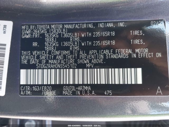 2022 TOYOTA HIGHLANDER 5TDGZRAH0NS545102 Photo 8