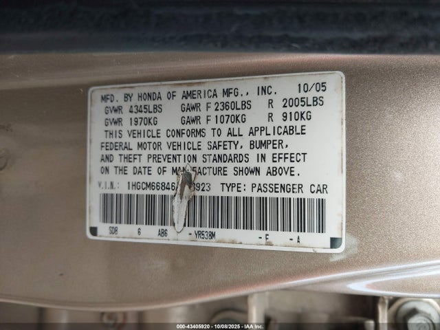 Auction sale of the 2006 Honda Accord 3.0 Ex, vin: 1HGCM66846A013923, lot number: 43405920