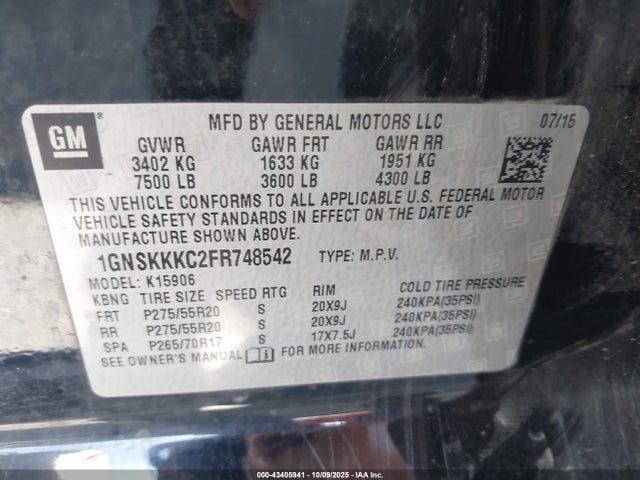 1GNSKKKC2FR748542 Chevrolet Suburban 1500 Ltz