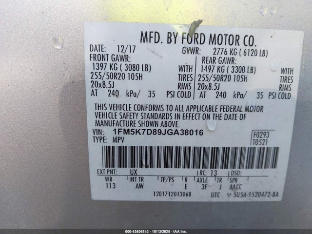 1FM5K7D89JGA38016 Ford EXPLORER XLT