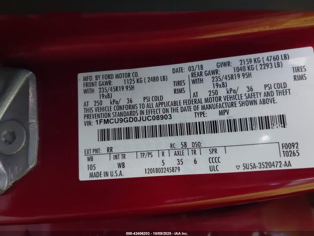 1FMCU9GD0JUC08903 Ford 1.5l gtdi sigma w/premium fuel