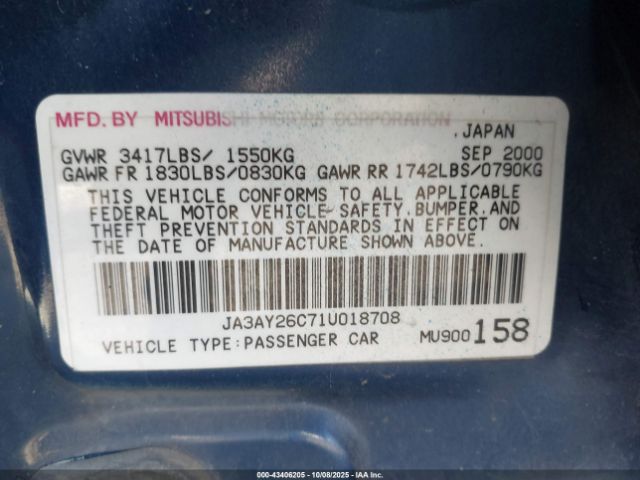 2001 MITSUBISHI MIRAGE JA3AY26C71U018708 Photo 8