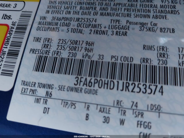 3FA6P0HD1JR253574 Ford FUSION SE
