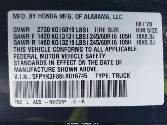 2020 HONDA RIDGELINE 5FPYK3F86LB016745 Photo 8