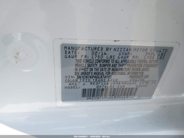 Продаж на аукціоні авто 2016 Nissan Versa 1.6 Sv, vin: 3N1CN7AP4GL874113, номер лоту: 43406931