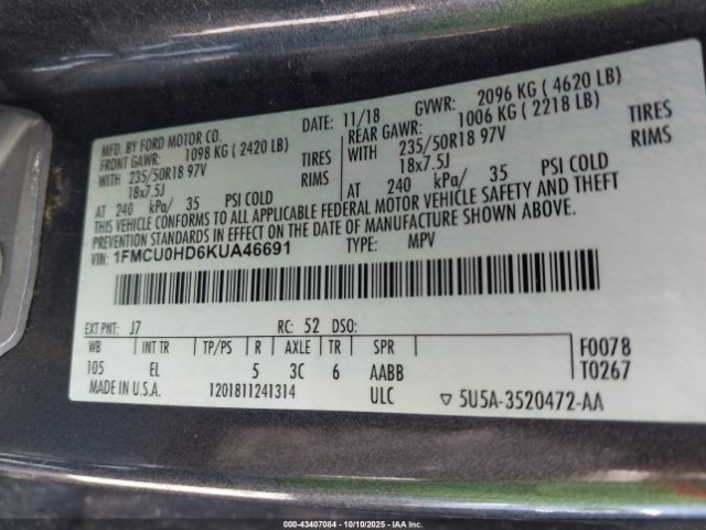 2019 FORD ESCAPE 1FMCU0HD6KUA46691 Photo 8