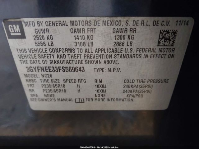 2015 CADILLAC SRX 3GYFNEE33FS569643 Photo 8