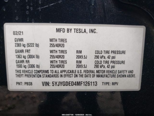 2021 TESLA MODEL Y 5YJYGDED4MF126113 Photo 8