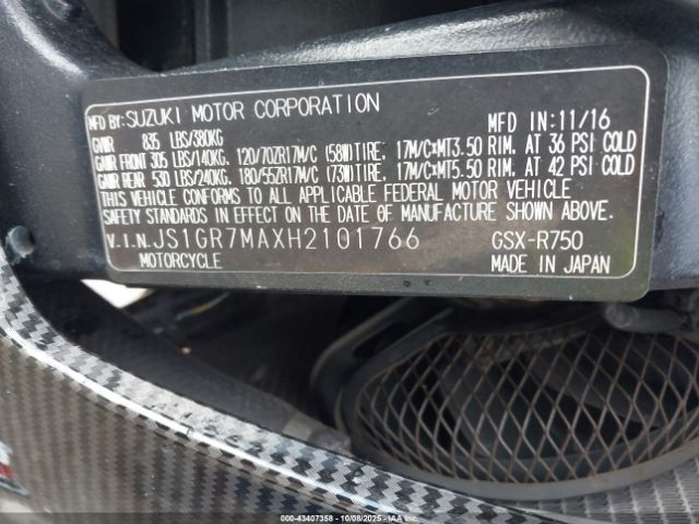 2017 SUZUKI GSX-R750 JS1GR7MAXH2101766 Photo 9