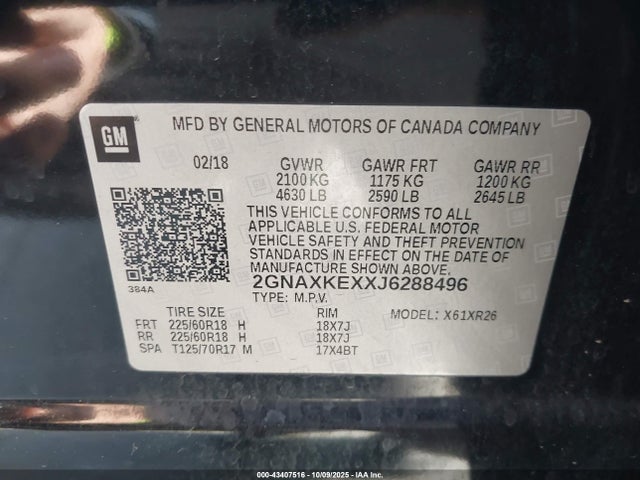 Chevrolet EQUINOX LT 2018 2GNAXKEXXJ6288496 Image 9