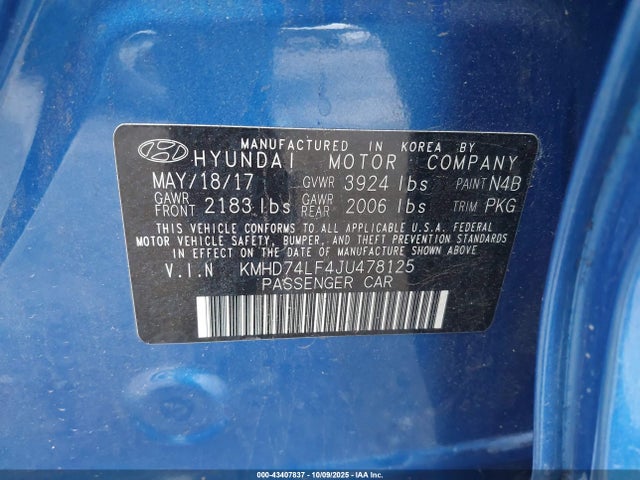 Продаж на аукціоні авто 2018 Hyundai Elantra Se, vin: KMHD74LF4JU478125, номер лоту: 43407837