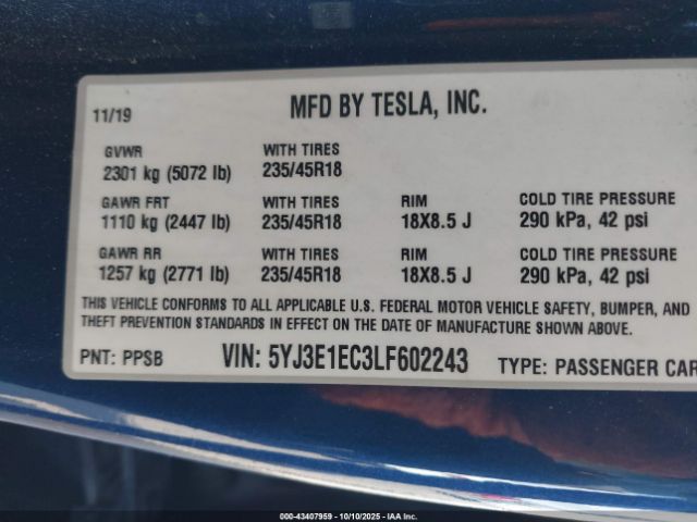 2020 TESLA MODEL 3 5YJ3E1EC3LF602243 Photo 8