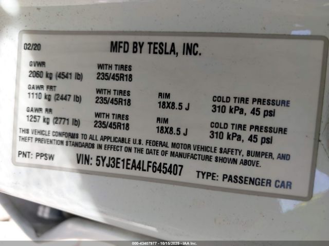 2020 TESLA MODEL 3 5YJ3E1EA4LF645407 Photo 8