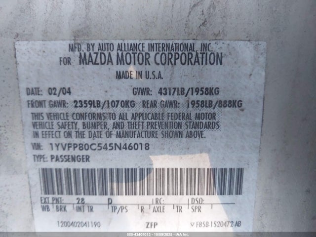 43408013 :رقم المزاد ، 1YVFP80C545N46018 vin ، 2004 Mazda Mazda6 I مزاد بيع