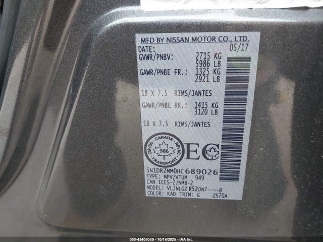Продажа на аукционе авто 2017 Nissan Pathfinder Platinum/s/sl/sv, vin: 5N1DR2MM0HC689026, номер лота: 43408089