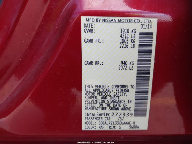 43408091 :رقم المزاد ، 1N4AL3AP1EC277339 vin ، 2014 Nissan Altima 2.5 S مزاد بيع