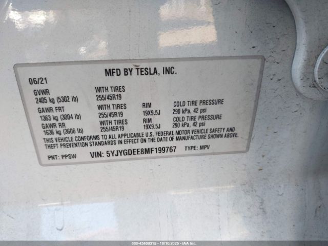 2021 TESLA MODEL Y 5YJYGDEE8MF199767 Photo 8