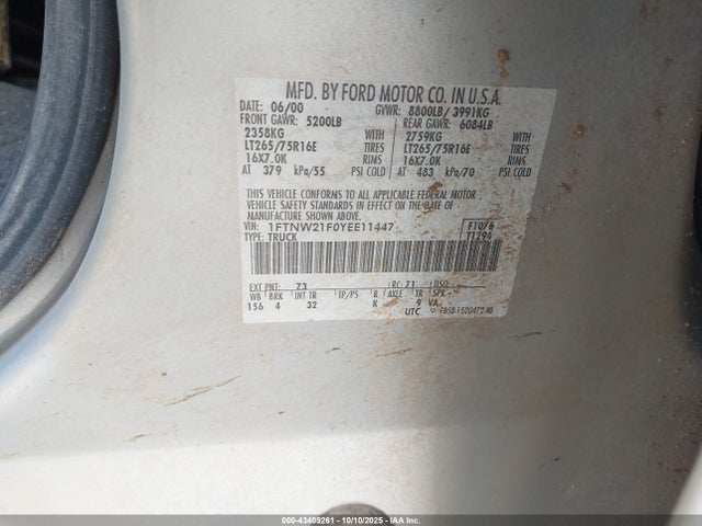 Aukcja sprzedaży 2000 Ford F-250 Lariat/xl/xlt, vin: 1FTNW21F0YEE11447, numer aukcji: 43409261