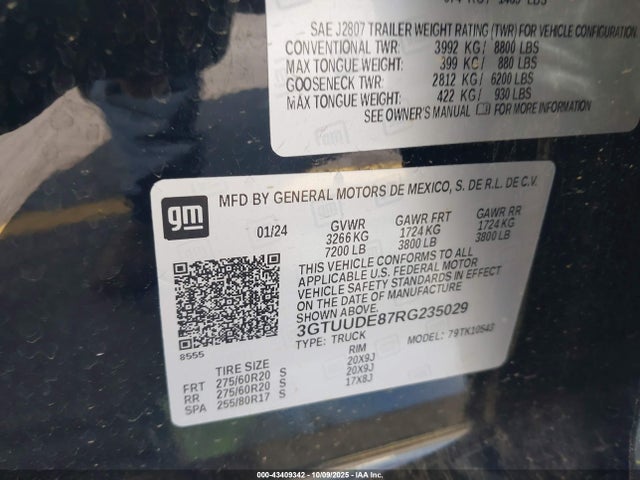 Aukcja sprzedaży 2024 Gmc Sierra 1500 4wd  Short Box Slt, vin: 3GTUUDE87RG235029, numer aukcji: 43409342