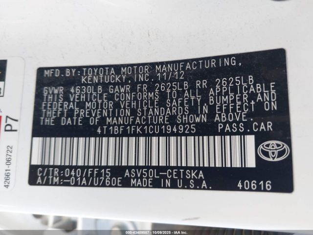 2012 TOYOTA CAMRY 4T1BF1FK1CU194925 Photo 8