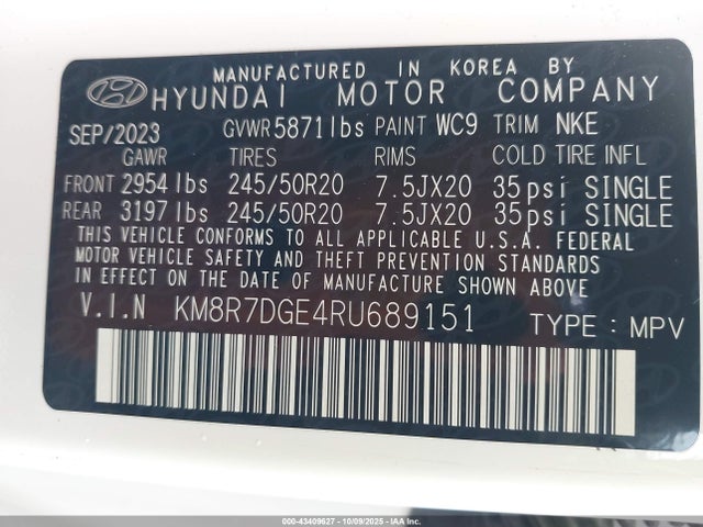 Продажа на аукционе авто 2024 Hyundai Palisade Calligraphy Night Edition, vin: KM8R7DGE4RU689151, номер лота: 43409627