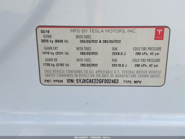 2016 TESLA MODEL X 5YJXCAE22GF002463 Photo 8