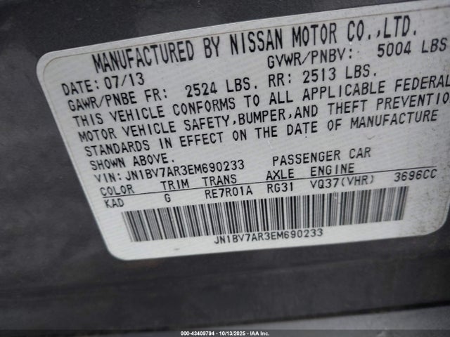 43409794 :رقم المزاد ، JN1BV7AR3EM690233 vin ، 2014 Infiniti Q50 Premium مزاد بيع