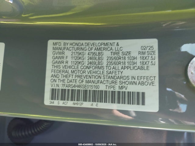 2025 Honda Cr-v Ex Awd მანქანა იყიდება აუქციონზე, vin: 7FARS4H46SE015160, აუქციონის ნომერი: 43409902