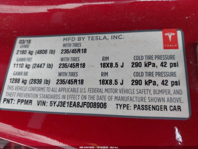 2018 TESLA MODEL 3 5YJ3E1EA8JF008906 Photo 8