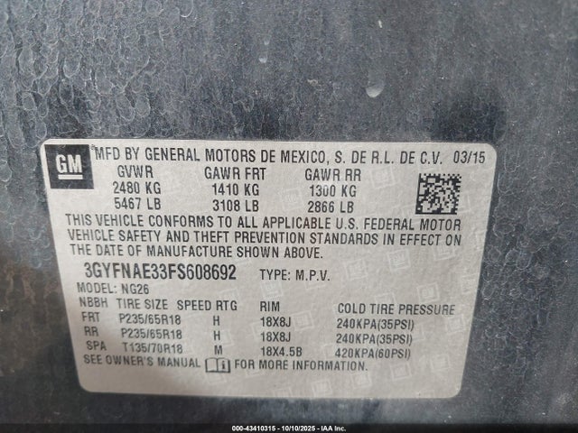 43410315 :رقم المزاد ، 3GYFNAE33FS608692 vin ، 2015 Cadillac Srx Standard مزاد بيع