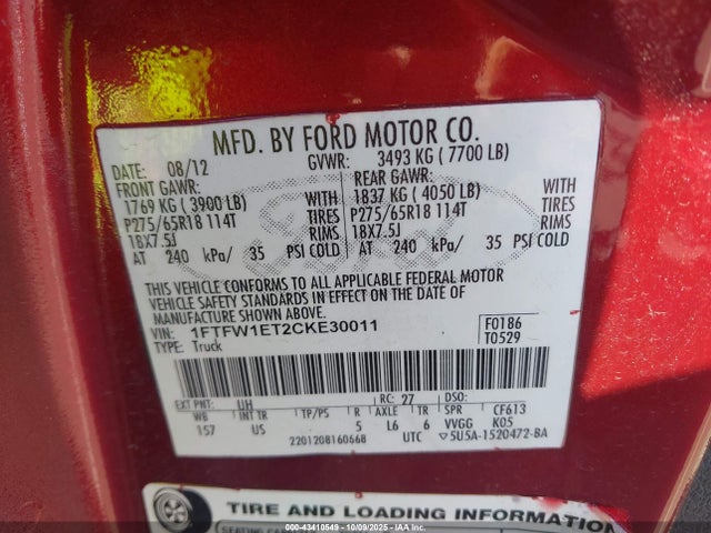 2012 Ford F-150 Xlt მანქანა იყიდება აუქციონზე, vin: 1FTFW1ET2CKE30011, აუქციონის ნომერი: 43410549