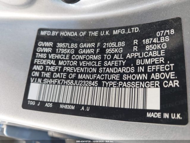 2018 HONDA CIVIC SHHFK7H58JU232845 Photo 8