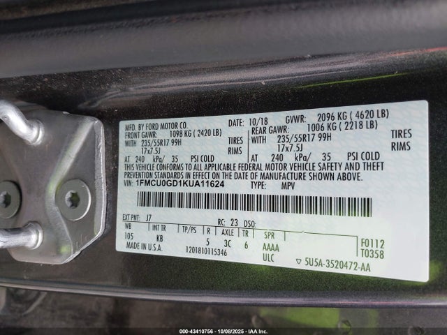 1FMCU0GD1KUA11624 Ford 1.5l gtdi sigma w/premium fuel