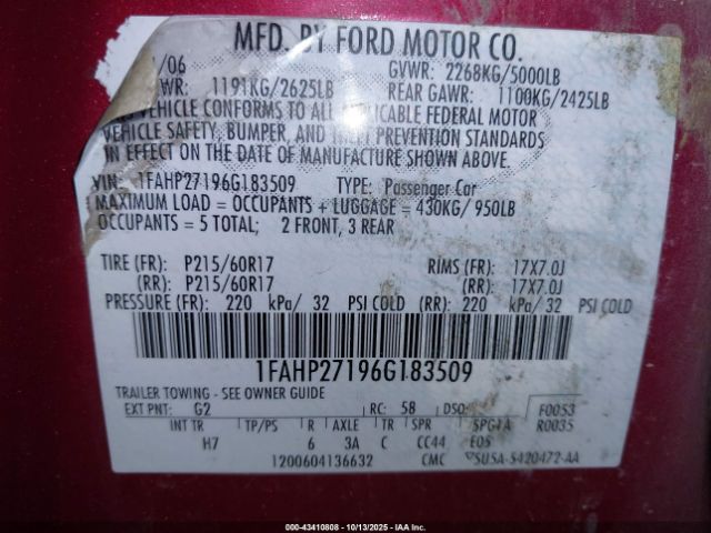 2006 FORD FIVE HUNDRED 1FAHP27196G183509 Photo 8